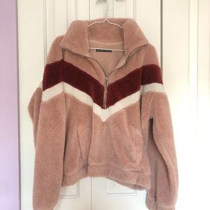 abercrombie pink/maroon faux fur shearling hoodie jacket